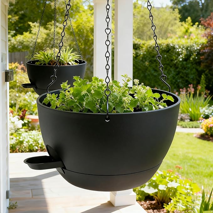 WOUSIWER Self Watering Hanging Planters, 2 Pack 10'' Plastic Pots with Drainage Holes & Reservoir Tray (Black) | Indoor & Outdoor Use for Ferns, Ivy, Herbs, Succulents