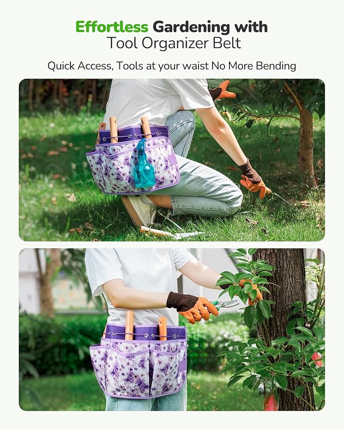All-in-One Garden Tool Set with Tools Organizer Belt Adjustable, 10-Piece Gardening Hand Tools, Long Lasting Rust-Proof Premium Garden Tool Kit, Gardening Gift for Women Men (Purple)