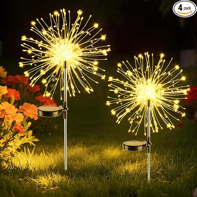 Dream Master Solar Garden Lights, 2Pack 120 LEDs Solar Lights Outdoor Waterproof, 8 Modes Fireworks Light, Valentines Day Decorations for Yard, Pathway, Walkway, Pool, Warm White