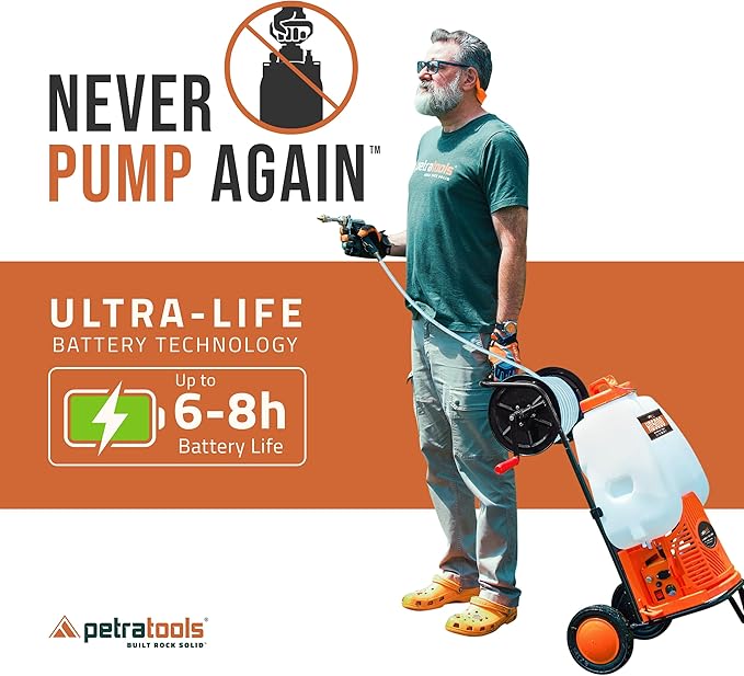 PetraTools Battery Backpack Sprayer with Custom Fitted Cart and 100 Foot Commercial Hose, 2 Hoses Included, Commercial Quality Heavy Duty Sprayer (HD5000 6.5-Gallon with Reel Cart)