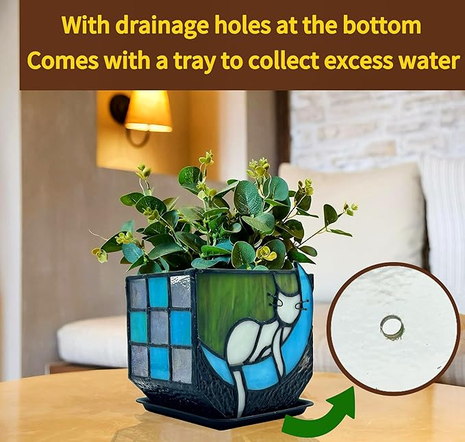 Tiffany Stained Glass Funny Moon Sleeping Cat Planter,Flower Pots for Indoor Plants,Plant Pot with Drainage,Cute Grey Cat Plant Pots,Gifts for Plant Lovers,4.6x3x5.15 in