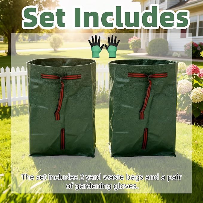 2-Pack 40-Gallon Reusable Yard Waste Bags with Gloves– Heavy-Duty Dustpan-Style Lawn & Garden Bags with Handles, Foldable, Standable Leaf Collector for Leaves, Grass, Branches, and Outdoor Debris