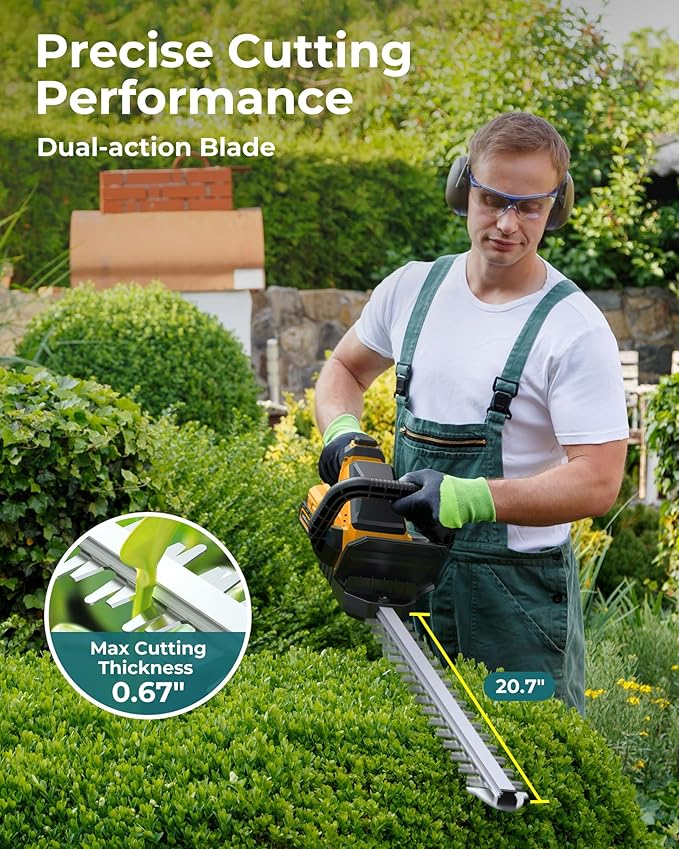 20'' Hedge Trimmer Cordless with Battery, 3000RPM Electric Handheld Bush Clipper with 2pcs 2000mAh Rechargeable Batteries, 180° Rotatable Head, 2/3'' Blade Gap Yellow
