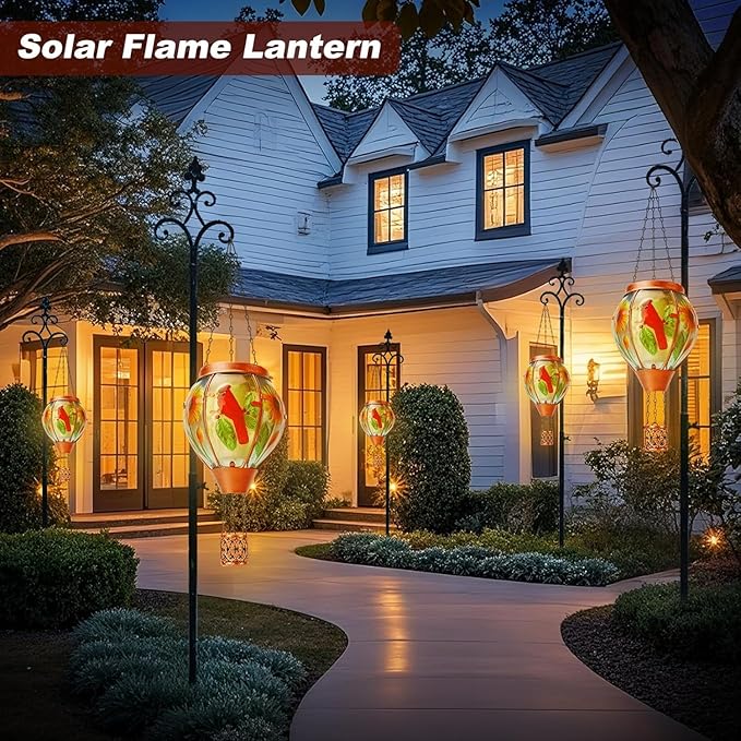 Solar Hot Air Balloon Lantern with Flame, Cardinal Glass Solar Hanging Lights Outdoor Yard Patio Farmhouse Decoration, Cardinal Gifts for Women Grandma Mom(4 Pack)