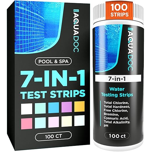 AquaDoc Pool Test Strips - 100 Spa and Hot Tub Test Strips for Pool Water Testing Kit for pH, Chlorine, Hardness, Bromine, Cyanuric Acid, Alkalinity
