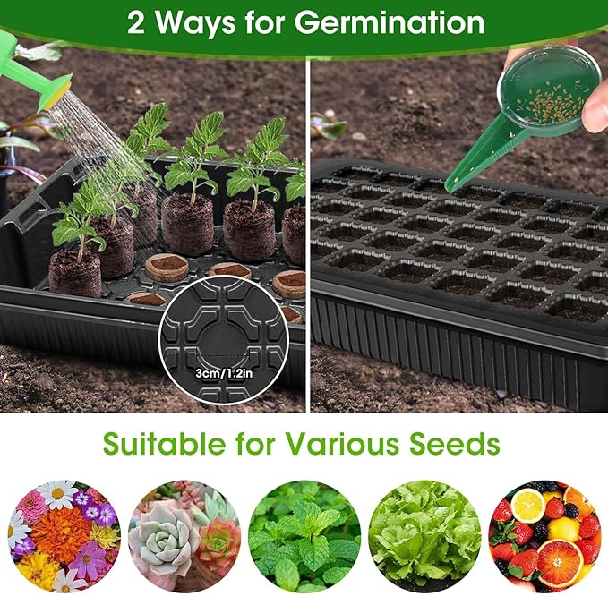 MQUPIN Seed Starter Tray with Grow Light 4 LED, 2 Pack/80 Cells Adjustable Brightness Seed Starter Kit,Seedling Starter Kit with Dome and Base for Greenhouse Seeds Growing Starting（Black）