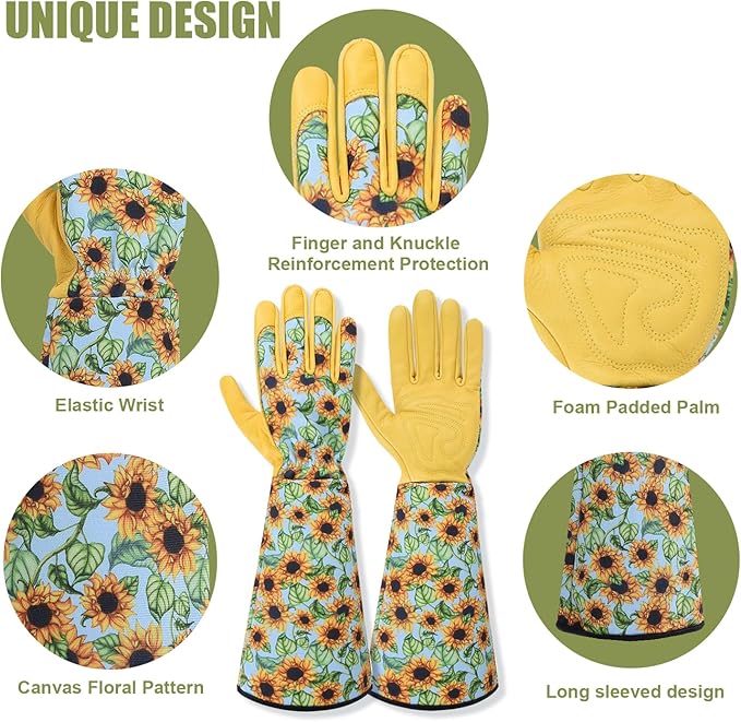 Long Gardening Gloves for Women Thorn Proof,Rose Pruning Cowhide Leather Garden Gloves for Cactus, Rose and Blackberry