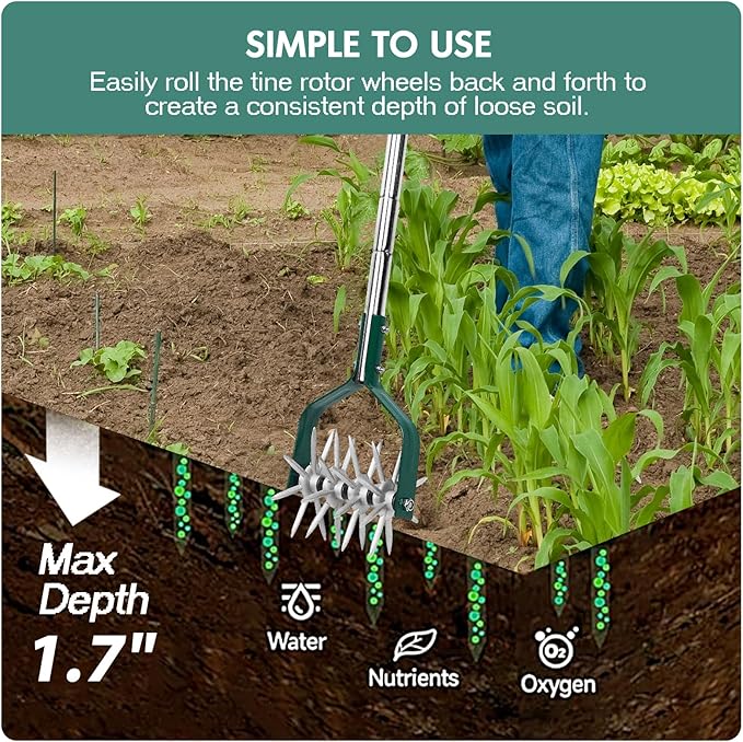 Rotary Cultivator Tiller Adjustable S/S Handle Rotary Tiller with Detachable Solid Metal Tines Garden Cultivator Lawn Tiller and Manual Tiller for Loosing and Mixing Soil