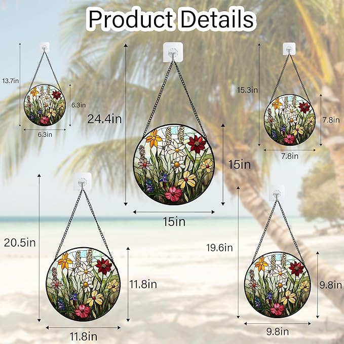 Stained Glass Window Hanging, Colorful Wildflowers Plant Scenery Suncatcher for Doors Window Home White Green Sun Catchers Decor Mother's Day Birthday Gifts for Women, Men Mom 7.8 in