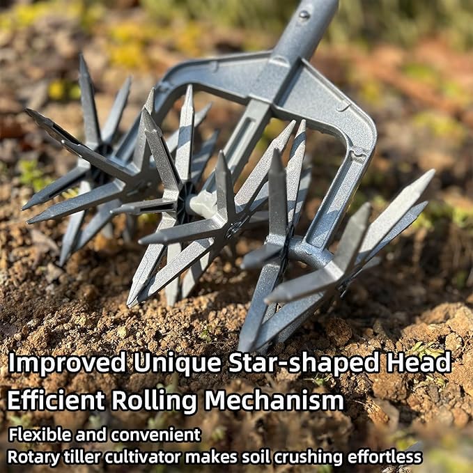 Rotary Cultivator, Adjustable Hand Tiller Garden Tool with Detachable Solid Metal Tines for Loosing and Mixing Soil,2-in-1 Manual Tiller Garden Cultivator for Reseeding Grass 58 Inch