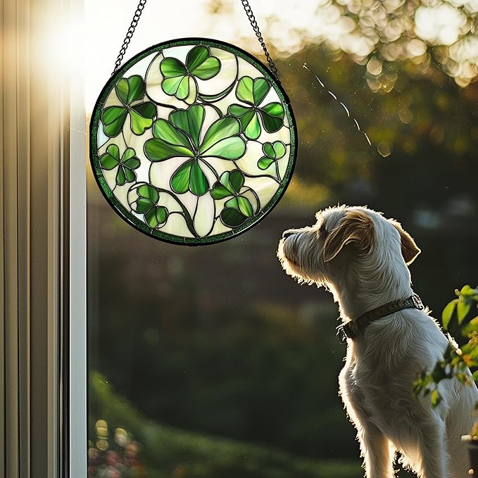 Stained Glass Window Hanging - Ireland Green Lucky Clover Suncatcher for Doors Garden St. Patrick's Day Sun Catchers Decor Mother's Day Birthday for Women Men Mom Nana 11.8 in