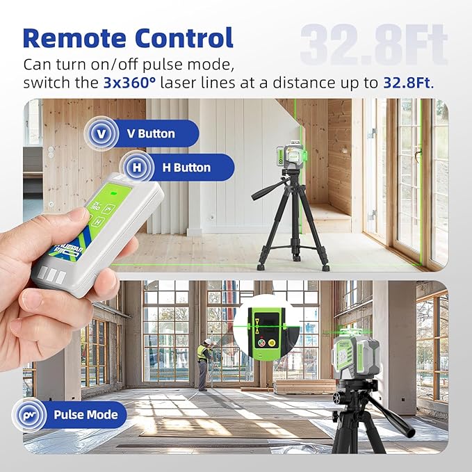 Laser Level 360 Self Leveling, Huepar Pro 3x360°High Accuracy Green Cross Line Laser for Construction and Picture Hanging, 12 Lines Level Laser Tool with 8000mAh Rechargeable Battery & Remote Control
