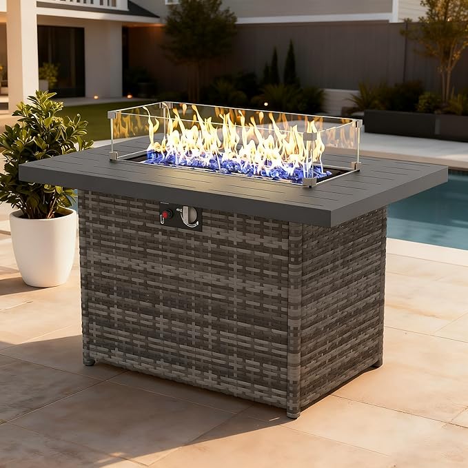Propane Fire Pit Table, 44" Outdoor Gas Fire Pit with Glass Wind Guard & Waterproof Cover
