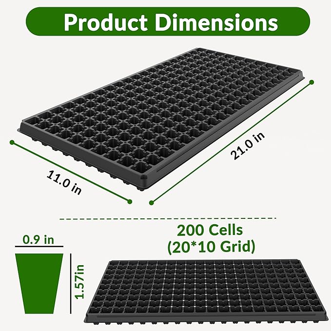 Gardzen 10 Pack 200 Cell Seed Starter Trays, 1.5" Deep Plug Tray for Seedlings, Durable Seedling Trays with Drainage Holes, Fit Standard 1020 Drip Tray