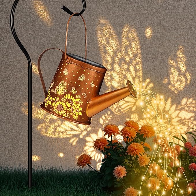 Solar Watering Can Light, Solar Powered Hanging Lantern Landscape Lights, Decorative Garden for Yard Waterproof Garden Decor, Gifts for Mom, Grandma（Sunflower + Butterfly）