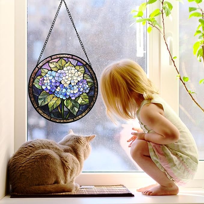 Stained Glass Window Hanging, Hydrangea Flowers Sun Catchers Diamond Glass Panel Hangings Plant Suncatcher Decor for Birthday for Women, Men, Wife, Aunt, and Mom 11.8x11.8 in