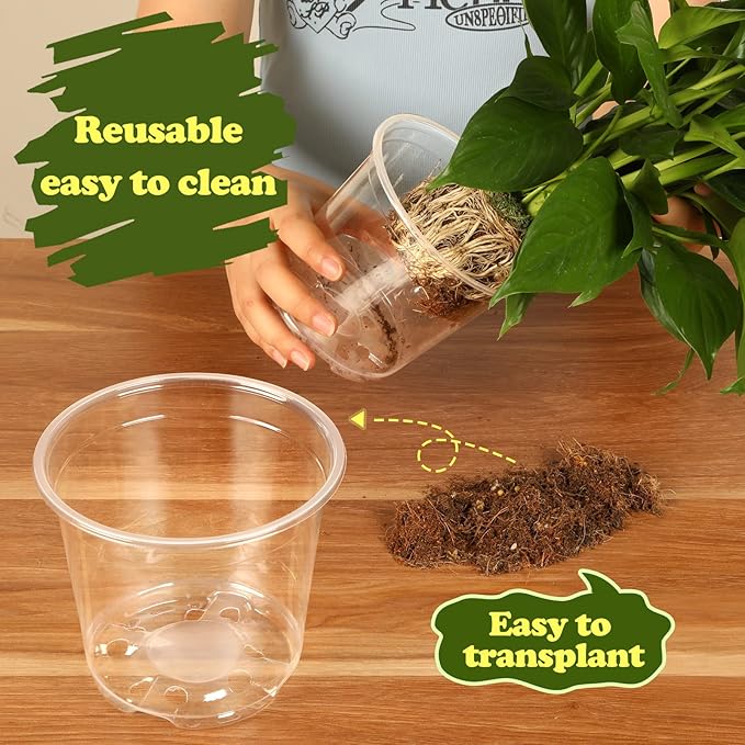 RAOOKIF 25 Pack 6 Inch Clear Nursery Pots with Drainage Holes, Flexible Plastic Nursery Pots for Plants, Reusable Garden Flower Pot, Seed Starter Pots