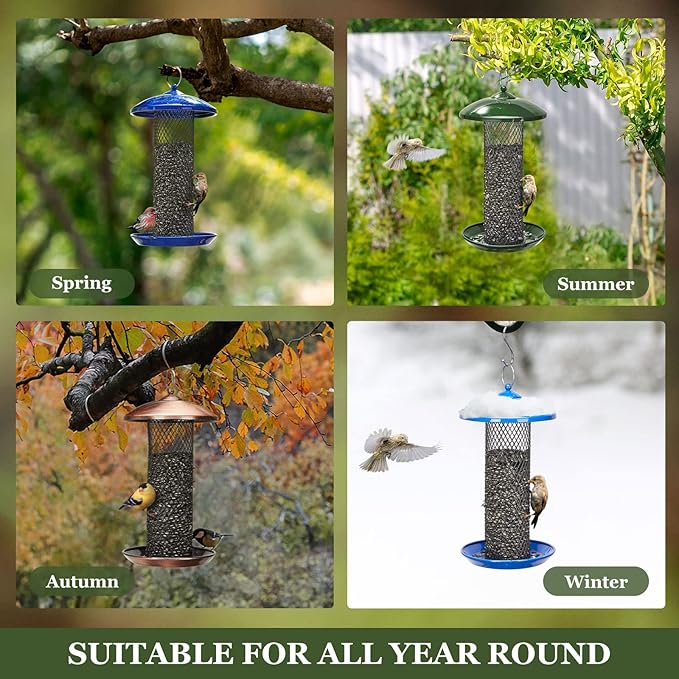 Kingsyard Mesh Tube Bird Feeders for Outdoors Hanging, All Metal, Wild Bird Feeder for Sunflower Seeds or Mealworm, Large Tray & Weatherproof Roof, 2.5 lbs Capacity (Blue)