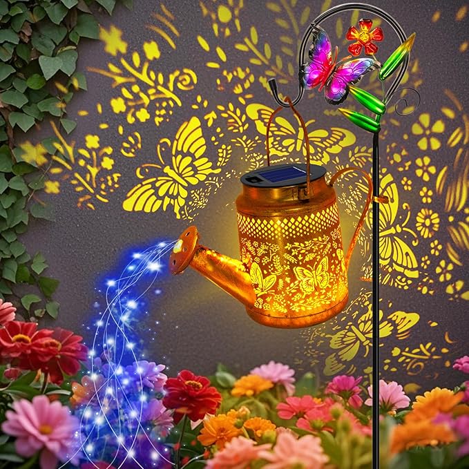 Butterfly Solar Lights Outdoor Waterproof, Solar Watering Can Lights with Shepherd Hook, Metal Hanging Lantern Garden Decor Yard Outside Patio Lawn, Gifts for Mom Grandma Women Birthday
