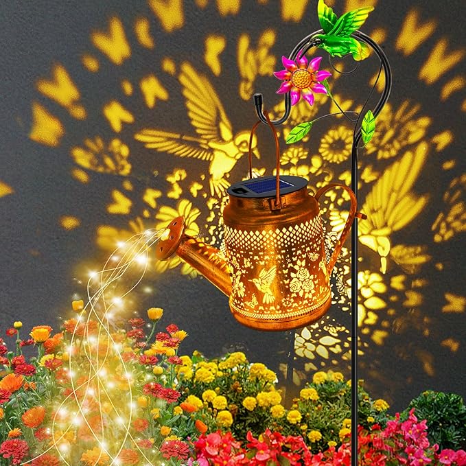 Solar Lanterns Outdoor Waterproof, Hummingbird Watering Can Garden Decor, Hanging Solar Path Lights Yard Art, Outside Patio Decoration Gardening Birthday Gifts for Mom Grandma Women with Shepherd Hook