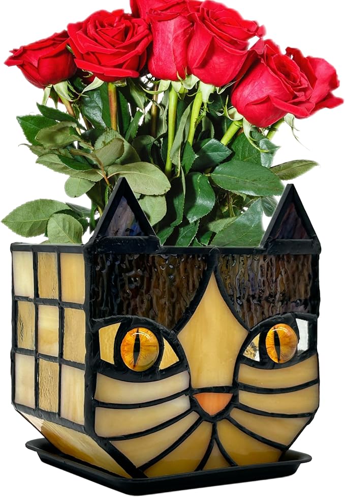 Yellow Cat Plant Pot with Drainage,Cute Planters for Indoor Plants,Stained Glass Cat Flower Pots,Fun Candle Holder Glass Container,Gifts for Gardeners Woman