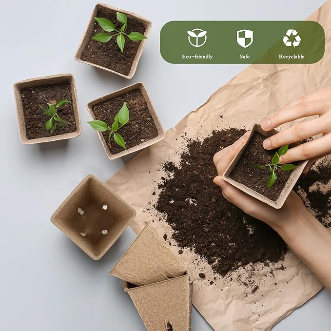 300 Pieces Peat Pots Plant Starters 2.3 Inch Square Peat Pots for Herb Seedlings Garden Germination Nursery Pots Organic Germination Plant Starter with Plant Markers Labels for Plants Supplies