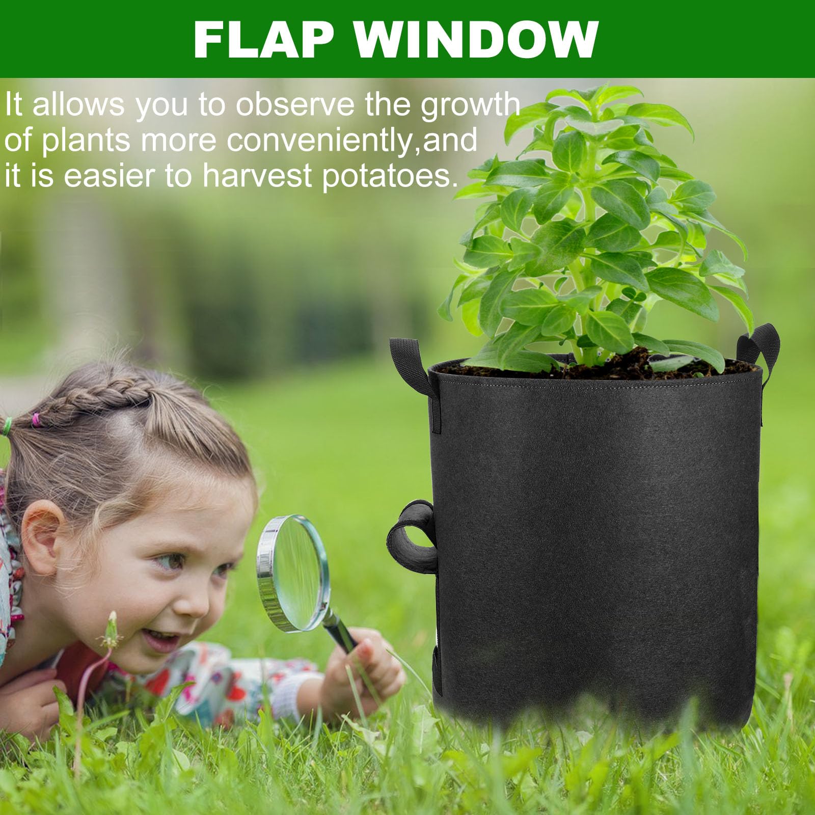 OPPOLIFE 4-Pack 10 Gallon Potato Grow Bags with Flap Window, Heavy Duty Aeration Fabric Pots with Handles for Garden and Planting(Black)