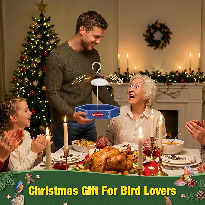 Kingsyard Large Platform Bird Feeder Outdoor Hanging, Adjustable Dome Squirrel Proof Rain Cover, Metal Mesh Tray Recycled Plastic Wild Bird Seed Feeding Station, Blue