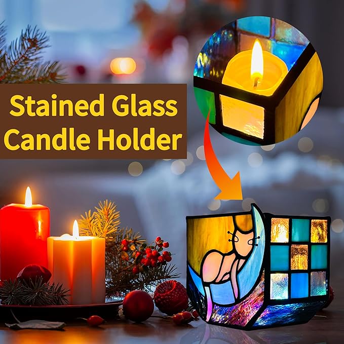 Tiffany Stained Glass Funny Moon Sleeping Cat Planter,Flower Pots for Indoor Plants,Plant Pot with Drainage,Cute Grey Cat Plant Pots,Gifts for Plant Lovers,4.6x3x5.15 in