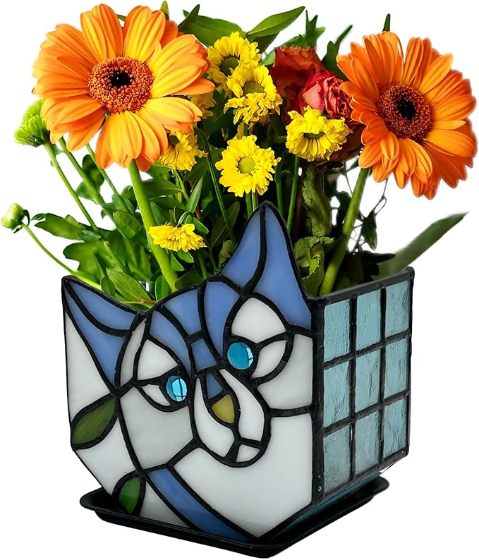Stained Glass Cat Flower Pot,Cute Pots for Plants,Small Plant Pot with Unique Cat Face Design,Tiltable Terrarium Decoration,4.6x3x5.15 in(Excluding Plants)