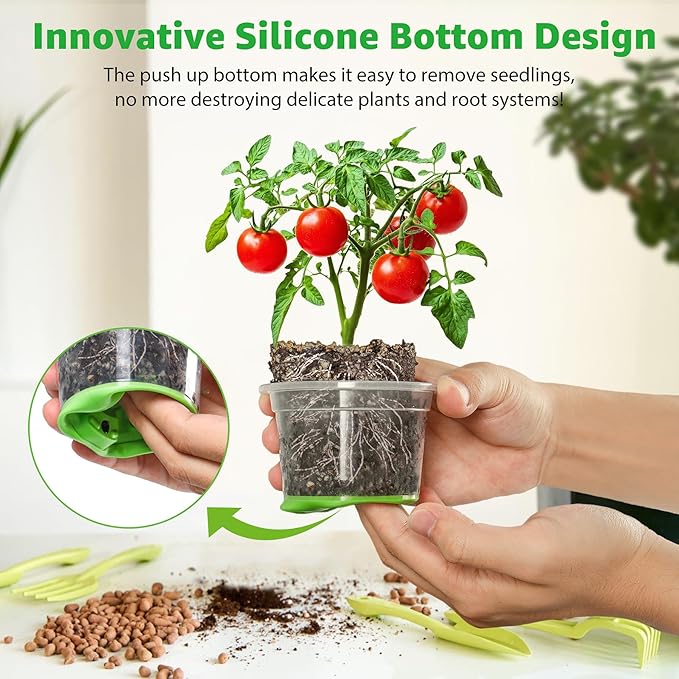 MIXC Thickened Clear Nursery Pots with Silicone Base for Easy Transplant 30 Packs 5 Inch, Transparent Plant Pot Reusable Seedling Pots for Vegetable Propagation, Root Cutting, Seed Starting, Green