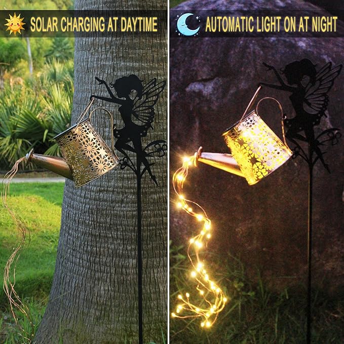 2Pack Solar Watering Can Lights,Waterproof Hollowed-Out Retro Metal Outdoor Lights with Fairy or Gnomes Accessories,Gifts for Mom Grandma Women Garden Patio Pathway Christmas Decor(Angel 1 style)