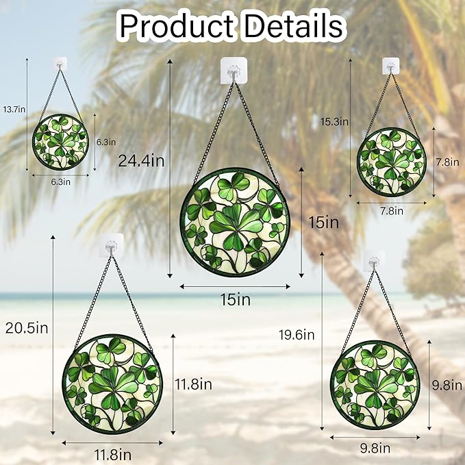Stained Glass Window Hanging - Ireland Green Lucky Clover Suncatcher for Doors Garden St. Patrick's Day Sun Catchers Decor Mother's Day Birthday for Women Men Mom Nana 6.3 in