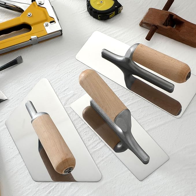 Lasnten 3 Pcs Venetian Plaster Trowel Set Polished Stainless Steel Art Paint Plastering Finishing Hand Tools Concrete Drywall Trapezoid Finishing Trowel Plaster Tools with Wooden Handle, 3 Sizes