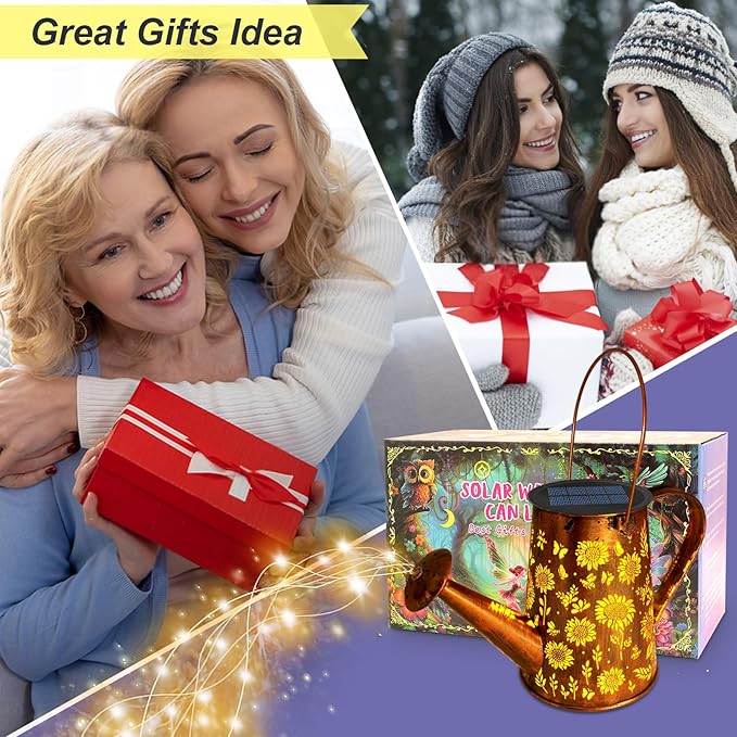 VOOKRY Solar Lights Outdoor Decoration, Large Hanging Metal Solar Watering Can Lights Waterproof Sunflower Garden Decor Outside for Yard Lawn Patio, Gifts for Women Mom Grandma Birthday Christmas