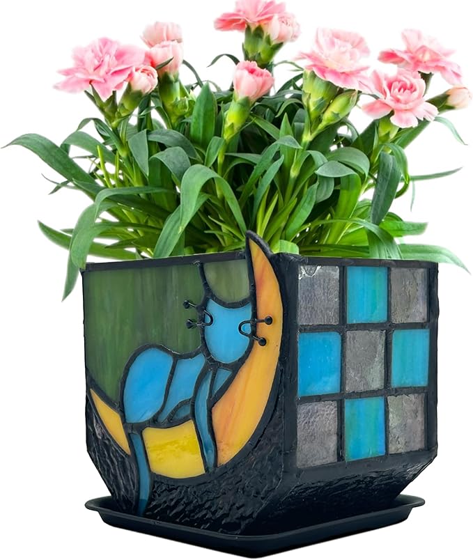 Tiffany Stained Glass Unique Moon Sleeping Blue Cat Planter,Indoor Plant Pots with Drainage,Cute Cat Planter Pots,Decorative Plant Pots, Dried Flowers Pot,Cute Gardening Gifts