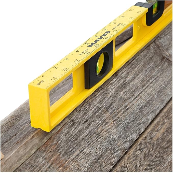 Mayes 10140 Top View Magnetic Level, 24 Inch Level Made in USA, 3 Vials with 270° Center View, Ruled Edge for Accurate Measurements, V-Groove for Curved Surfaces