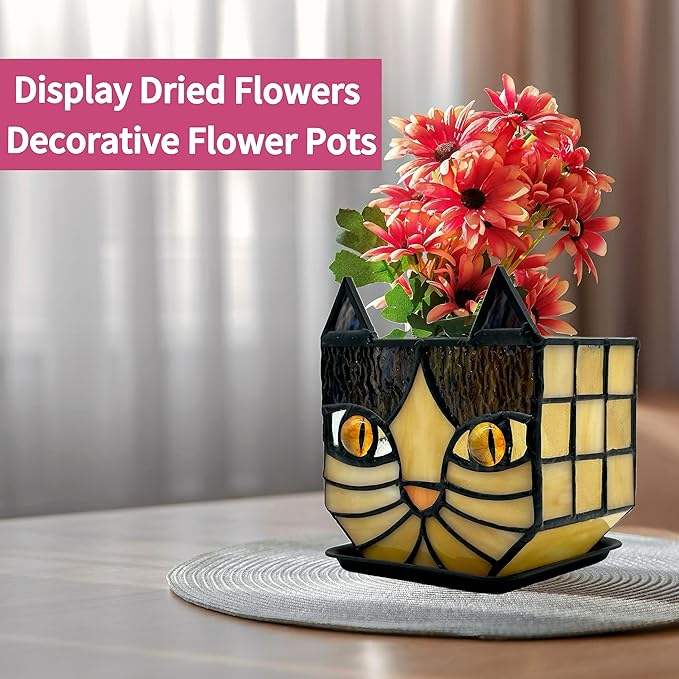 Yellow Cat Plant Pot with Drainage,Cute Planters for Indoor Plants,Stained Glass Cat Flower Pots,Fun Candle Holder Glass Container,Gifts for Gardeners Woman