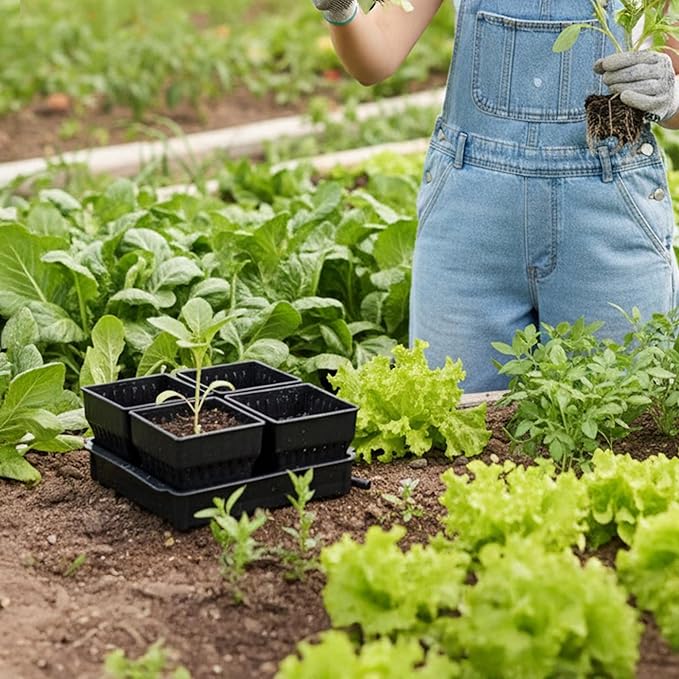 Seed Starter Pots with Tray, 8 Cell Reusable Square Nursery Pots for Seedlings with Drainage Holes, Indoor Outdoor Plastic Gardening Containers for Herbs, Flowers & Vegetables (Black)