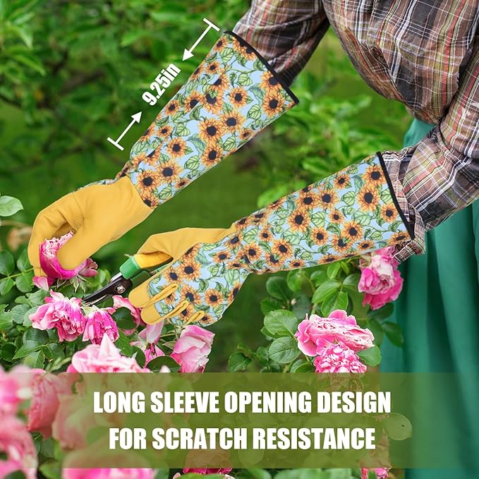 Long Gardening Gloves for Women Thorn Proof,Rose Pruning Cowhide Leather Garden Gloves for Cactus, Rose and Blackberry