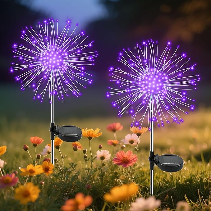 Garden Outdoor Lights, 2 Pack 120 LED Solar Garden Lights Fairy Lights Outdoor Waterproof Decorative Solar Firework Lights for Yard Patio Pathway Flowerbed Party Wedding Decor, Purple