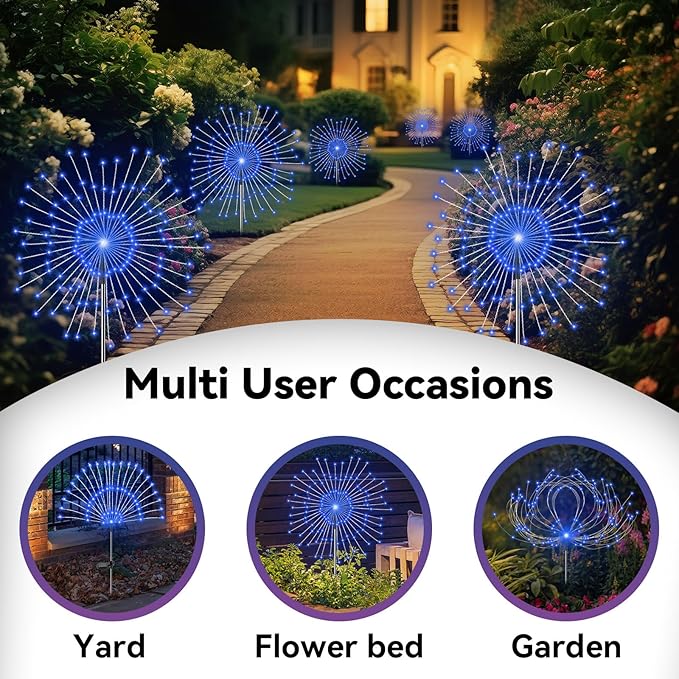 Garden Outdoor Lights, 2 Pack 120 LED Solar Garden Lights Fairy Lights Outdoor Waterproof Decorative Solar Firework Lights for Yard, Patio, Pathway, Flowerbed Party Wedding Decor, Blue