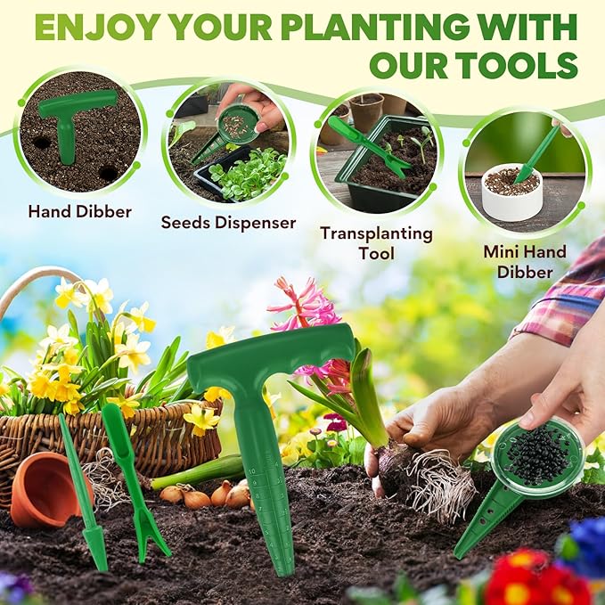 Seed Planter Tool, 6.9" Dibber Garden Tool, Plastic Dibbler Tools for Planting, Seed Dispenser, Bulb Digger Garden Planter for Sowing Seeds, Bulbs, Digging (with Widger and Dibber)