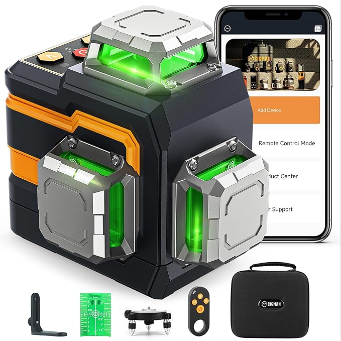 CIGMAN 3x360° Laser Level with Remote&APP Control, Green Self Leveling Cross Line Laser for Construction and Picture Hanging, 3D Vertical/Horizontal Line, Magnetic Rotating Stand Included