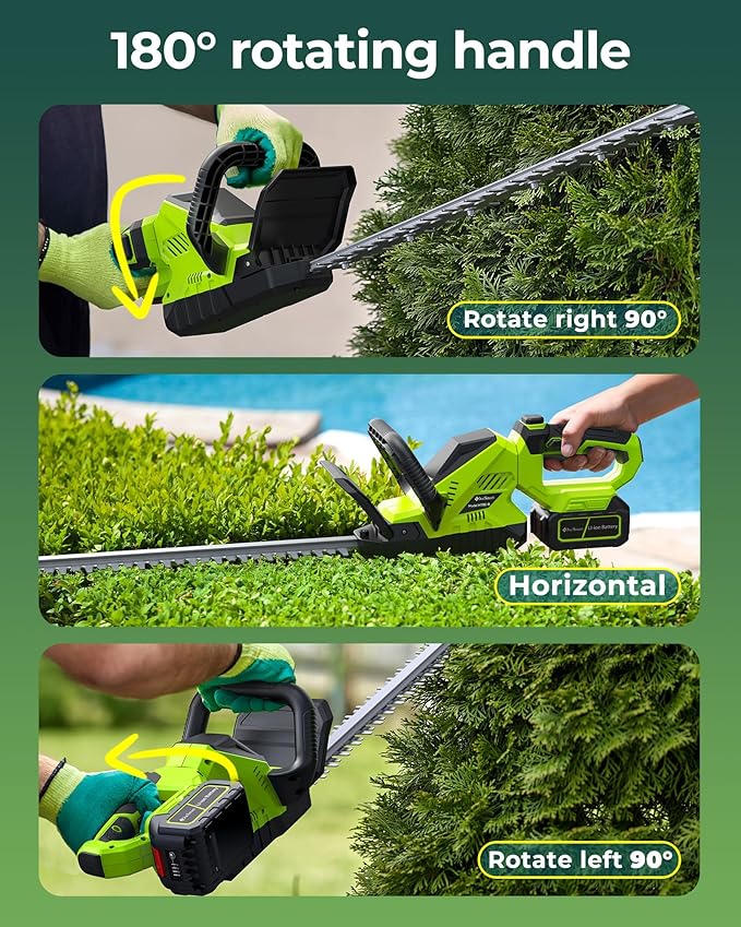 20'' Hedge Trimmer Cordless with 2pcs 4000mAh Battery, Electric Handheld Bush Clipper with Rechargeable Batteries, 3000RPM 180° Rotatable Head, 2/3'' Blade Gap Green