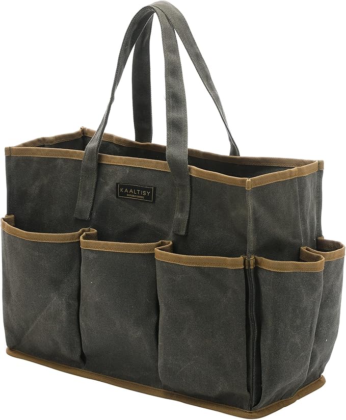Tool Tote Bag, Heavy Duty 16oz Waxed Canvas Garden Tool Bag | Portable 11-Pocket Tool Storage Bag for Gardener Electrician Contractor Repairman (14"L x 5.5"W x 10.5"H) – Army Green