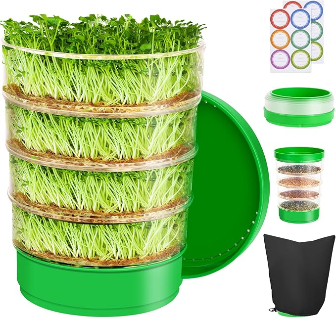 HK Stackable Seed Sprouting Kit, 4-Tier Microgreens Growing Kit with Drain Holes and Drain Tray, Fresh Organic Bean Seed Sprouter Tray, Soil-Free Sprouter Tray for Beans Alfalfa Seeds