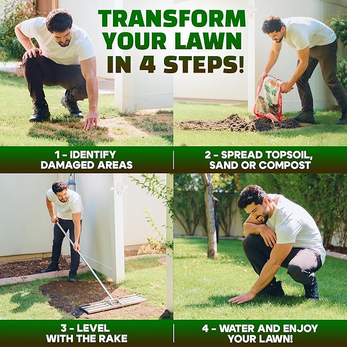 Oris Garden® Lawn Leveling Rake 36 inch - Ground Leveler for yard, sand, soil, grass - Dirt leveling tool, heavy duty stainless steel rakes for golf, grading, gravel, pool seeding, levelling (36 inch)