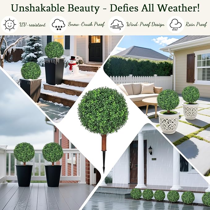 26 inch Height Artificial Boxwood Ball Bush with Ground Spikes, Set of 4 UV Resistant Faux Boxwood Ball Trees for Outdoors, Fake Evergreen Shrubs Bushes Plants for Garden Patio Front Door Balcony