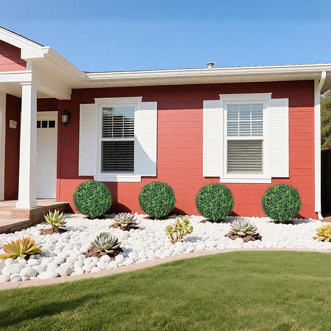 26 inch Height Artificial Boxwood Ball Bush with Ground Spikes, Set of 4 UV Resistant Faux Boxwood Ball Trees for Outdoors, Fake Evergreen Shrubs Bushes Plants for Garden Patio Front Door Balcony